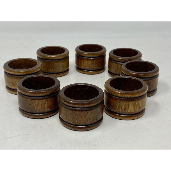 Set Of 8 Mid Century Modern Round Wooden Napkin Rings Brown - Picture 1 of 8
